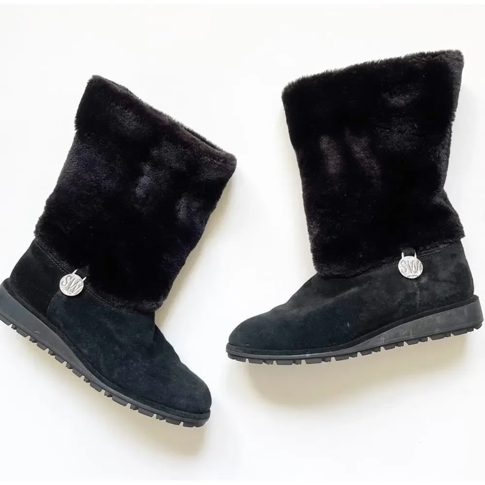Stuart Weitzman Black Furever Faux Fur Suede Boots